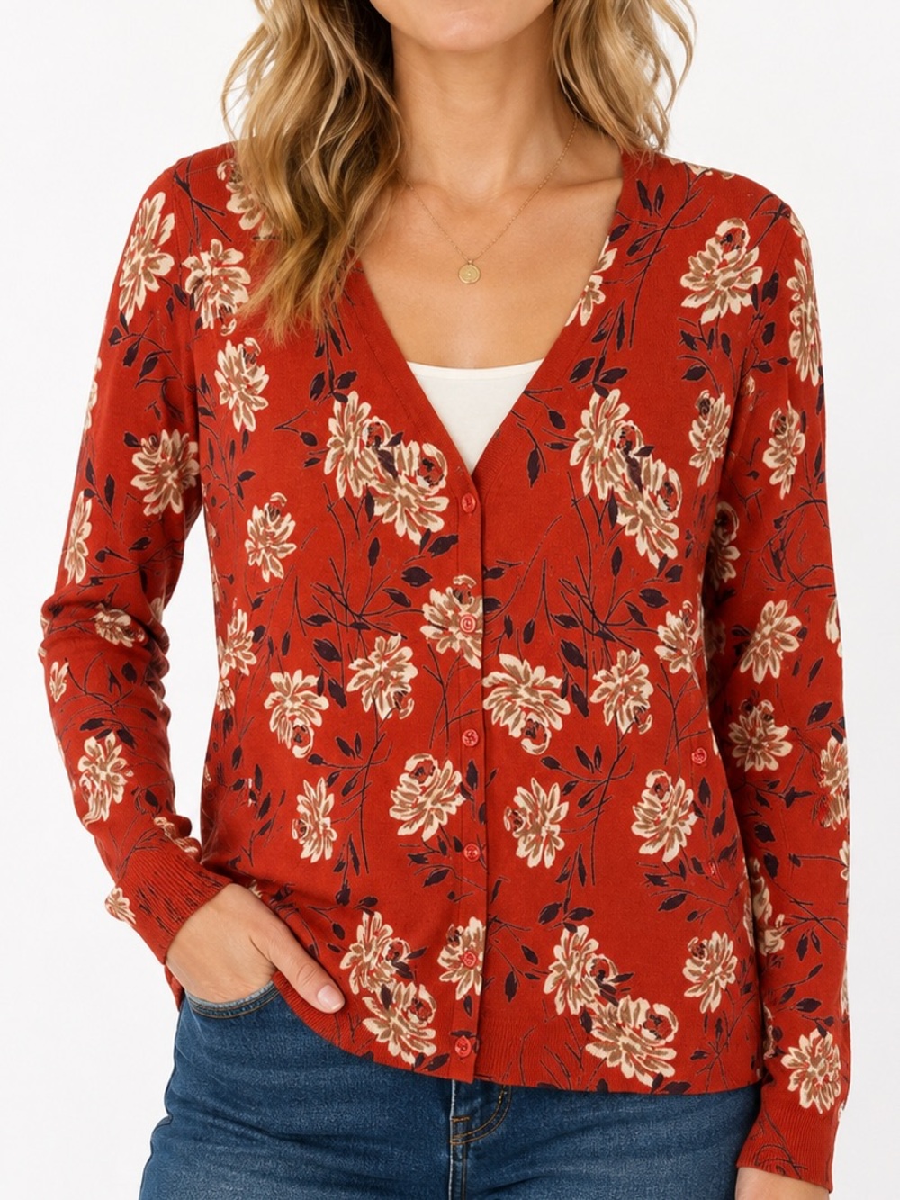 Daniel Rainn Floral Button Front Cardigan Medium Rust Orange Lightweight Sweater